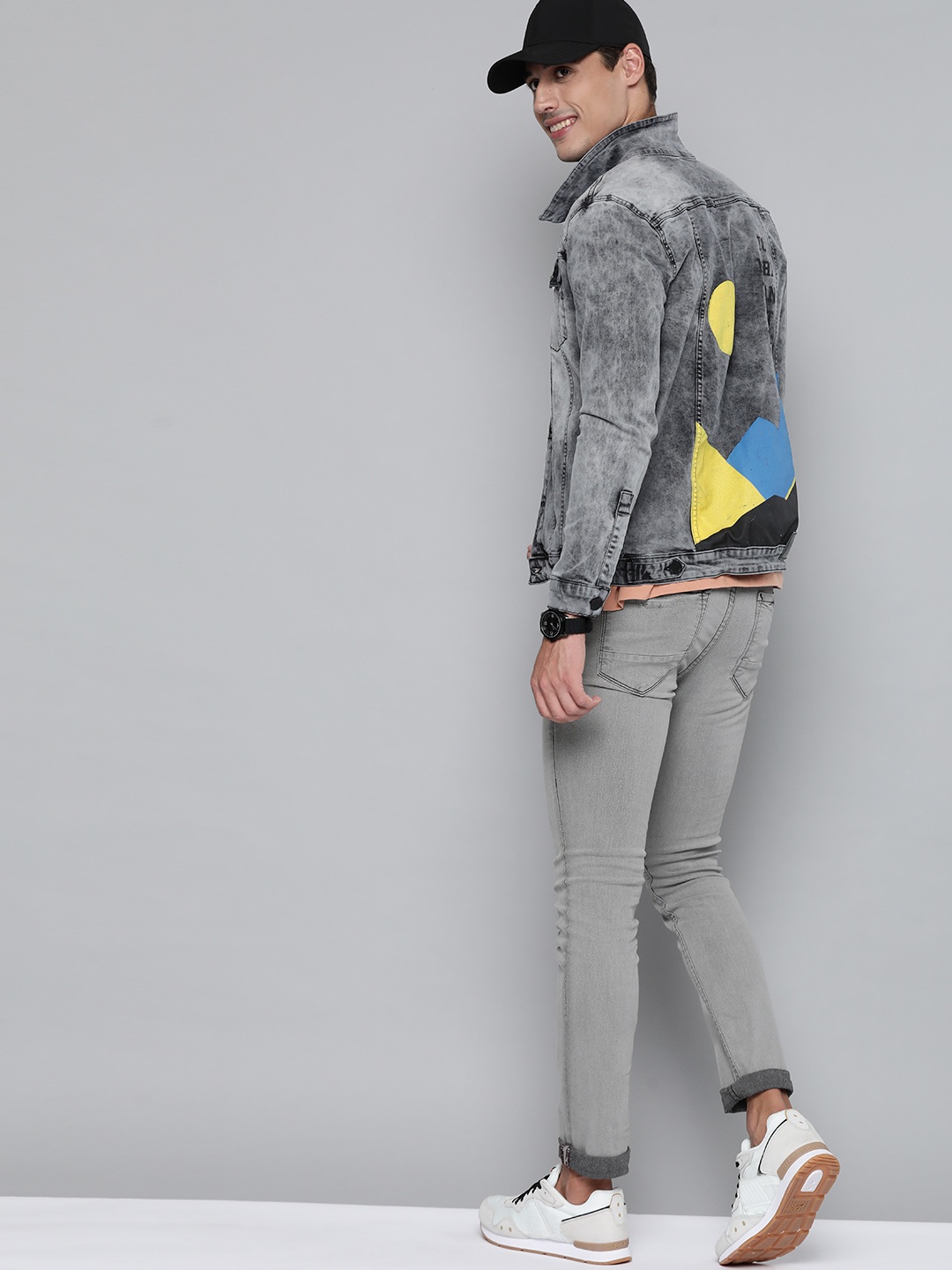 

HERE&NOW Men Grey Washed Printed Back Denim Jacket