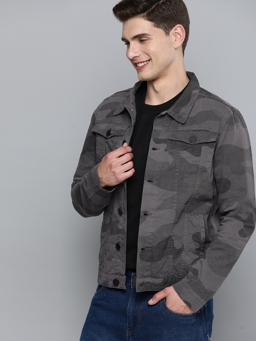 

HERE&NOW Men Grey Camouflage Printed Pure Cotton Denim Jacket