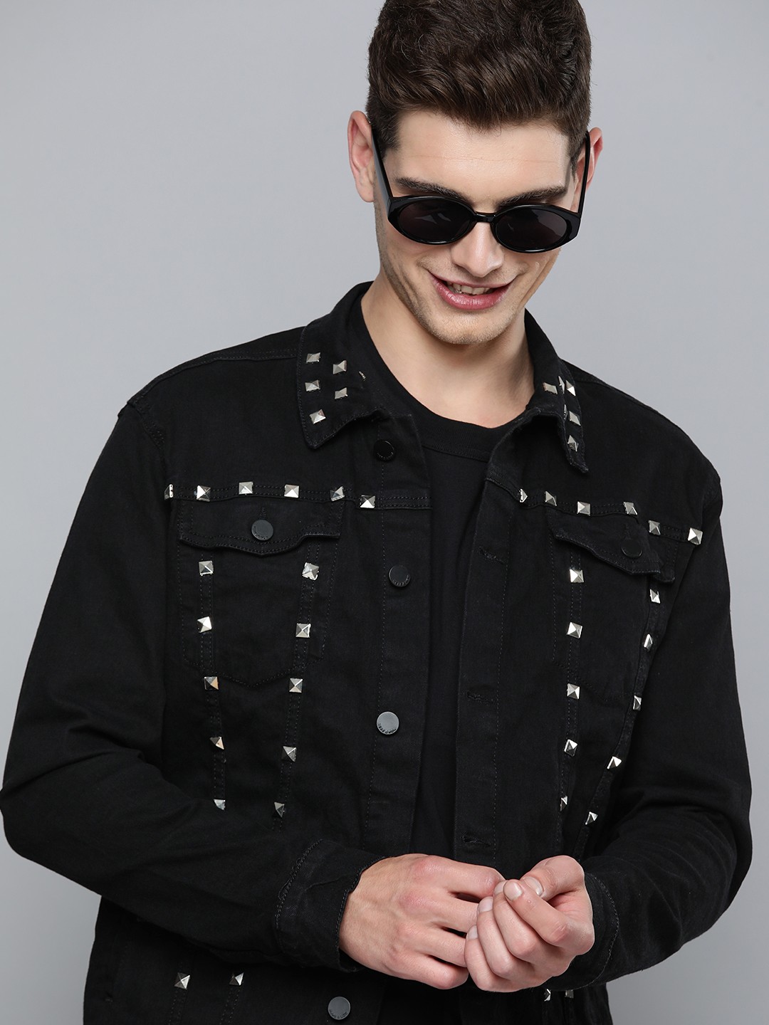 

HERE&NOW Men Black Solid Studded Denim Jacket