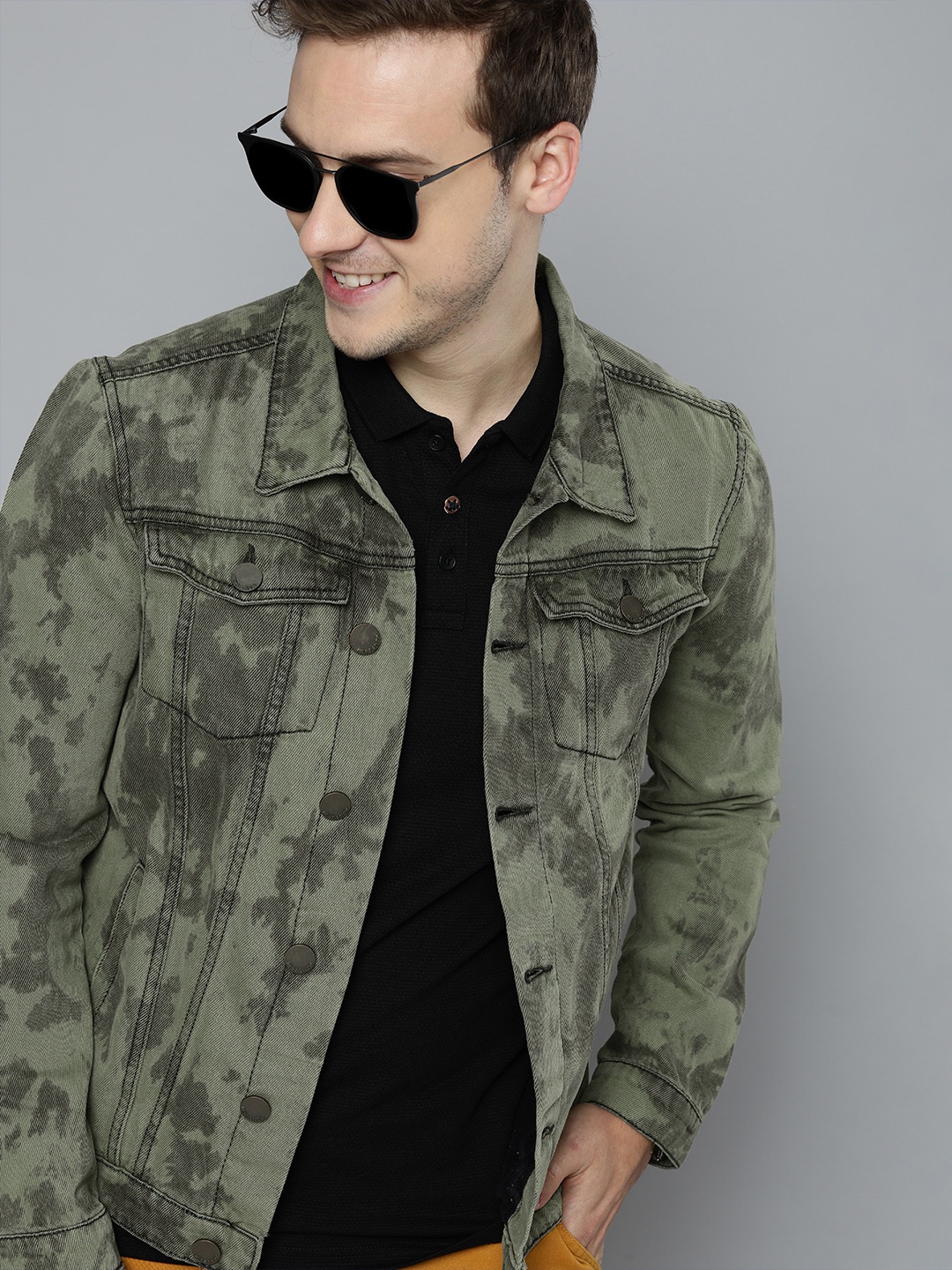 

HERE&NOW Men Olive Green Camouflage Printed Pure Cotton Tailored Jacket