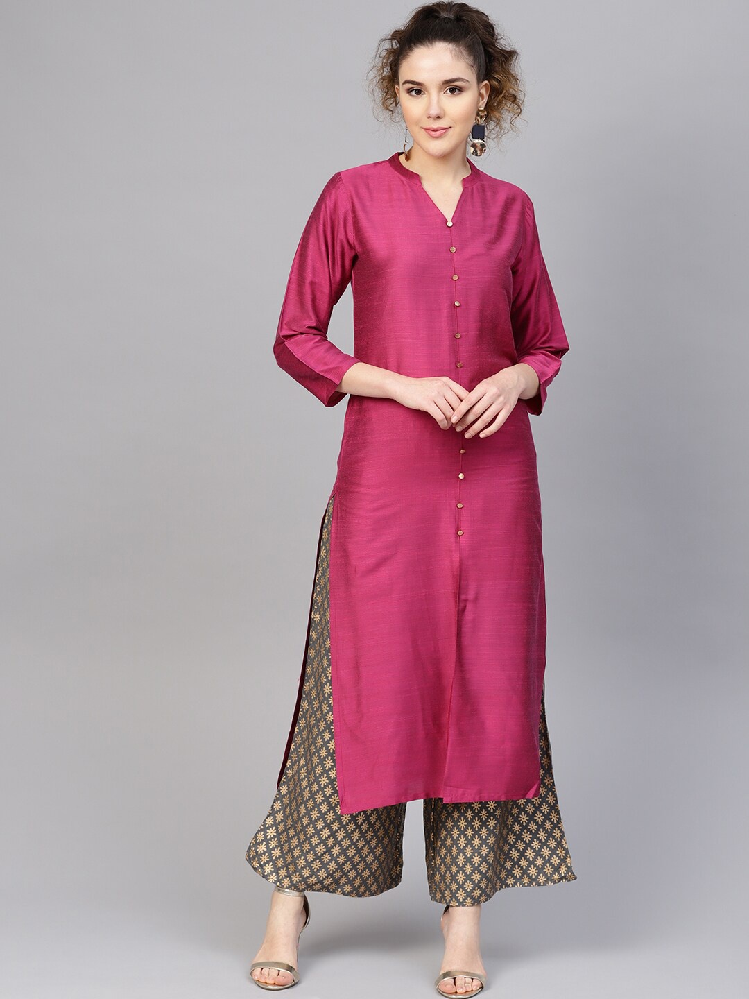 

Varanga Women Magenta & Grey Panelled Straight Handloom Kurta with Palazzos