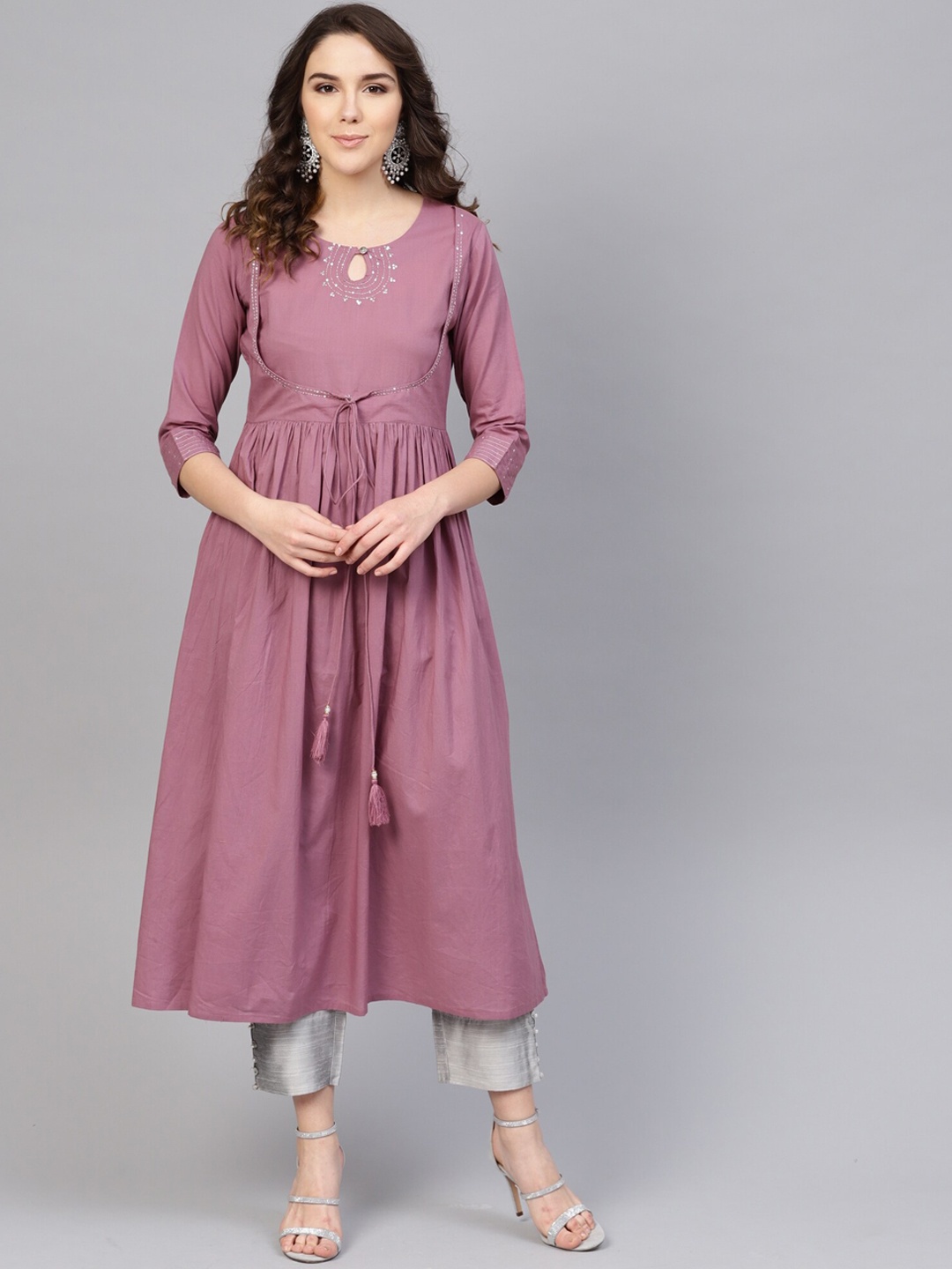 

Varanga Women Mauve & Grey Angrakha A-Line Pure Cotton Kurta with Palazzos