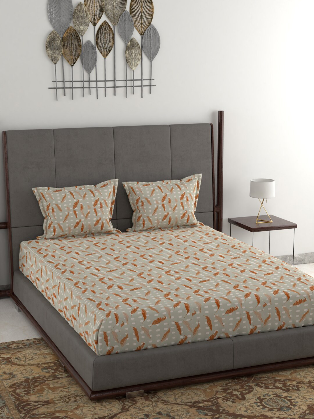 

BLUE DAHLIA Grey & Brown Abstract 210 TC Cotton 1 King Bedsheet with 2 Pillow Covers
