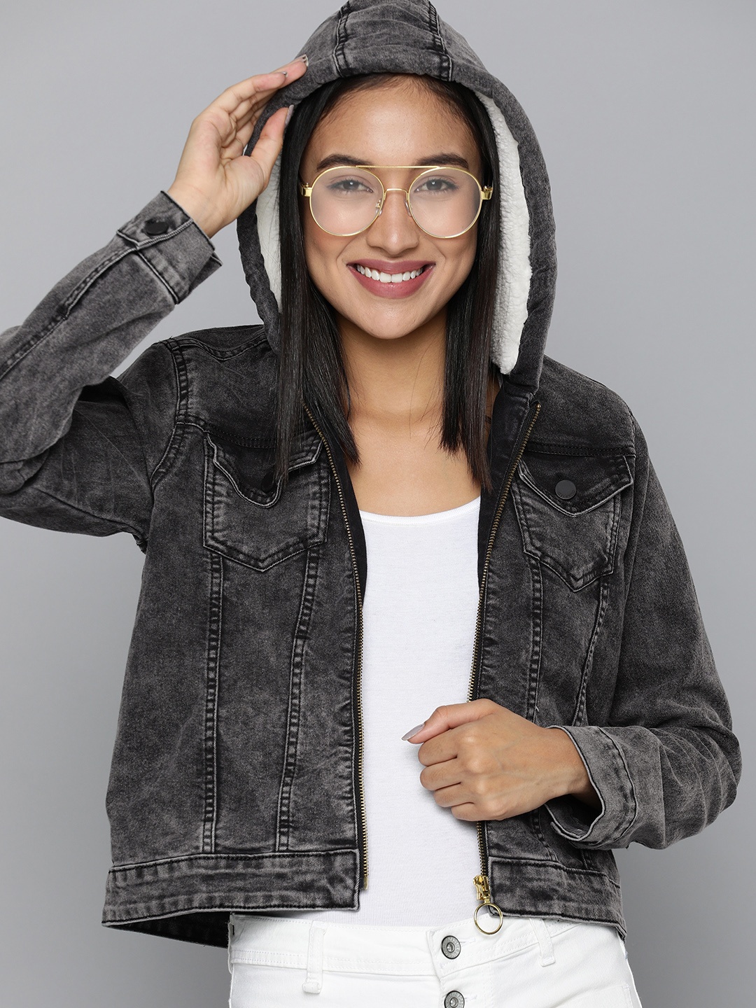 

HERE&NOW Women Charcol Grey Crop Hooded Denim Jacket