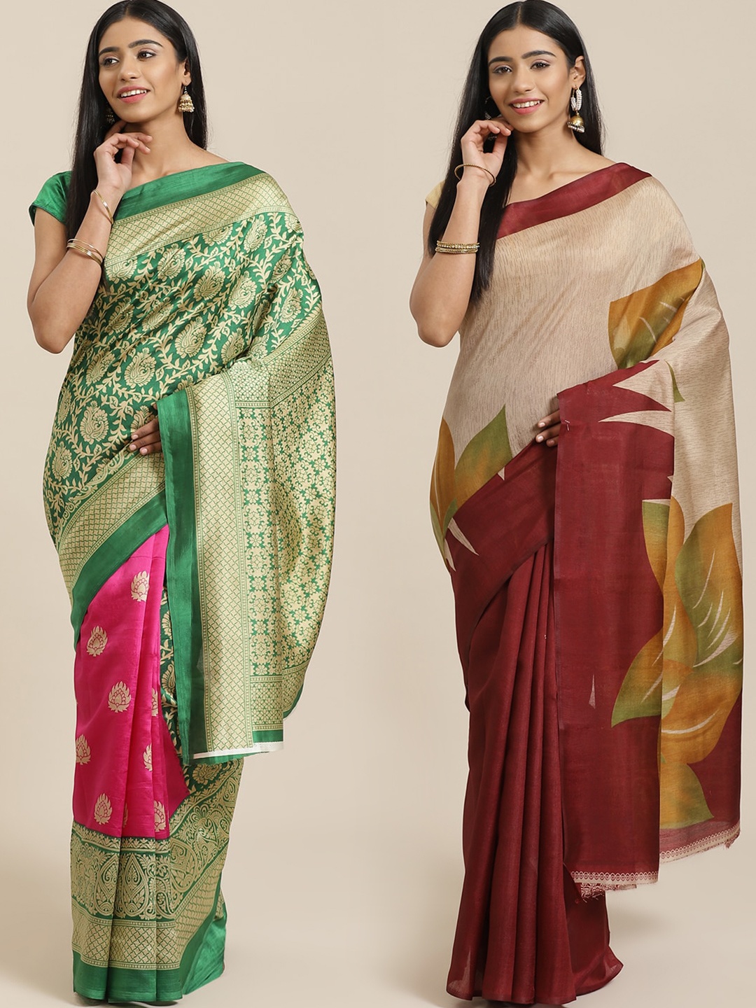 

KALINI Pack of 2 Green & Beige Printed Mysore Silk Saree