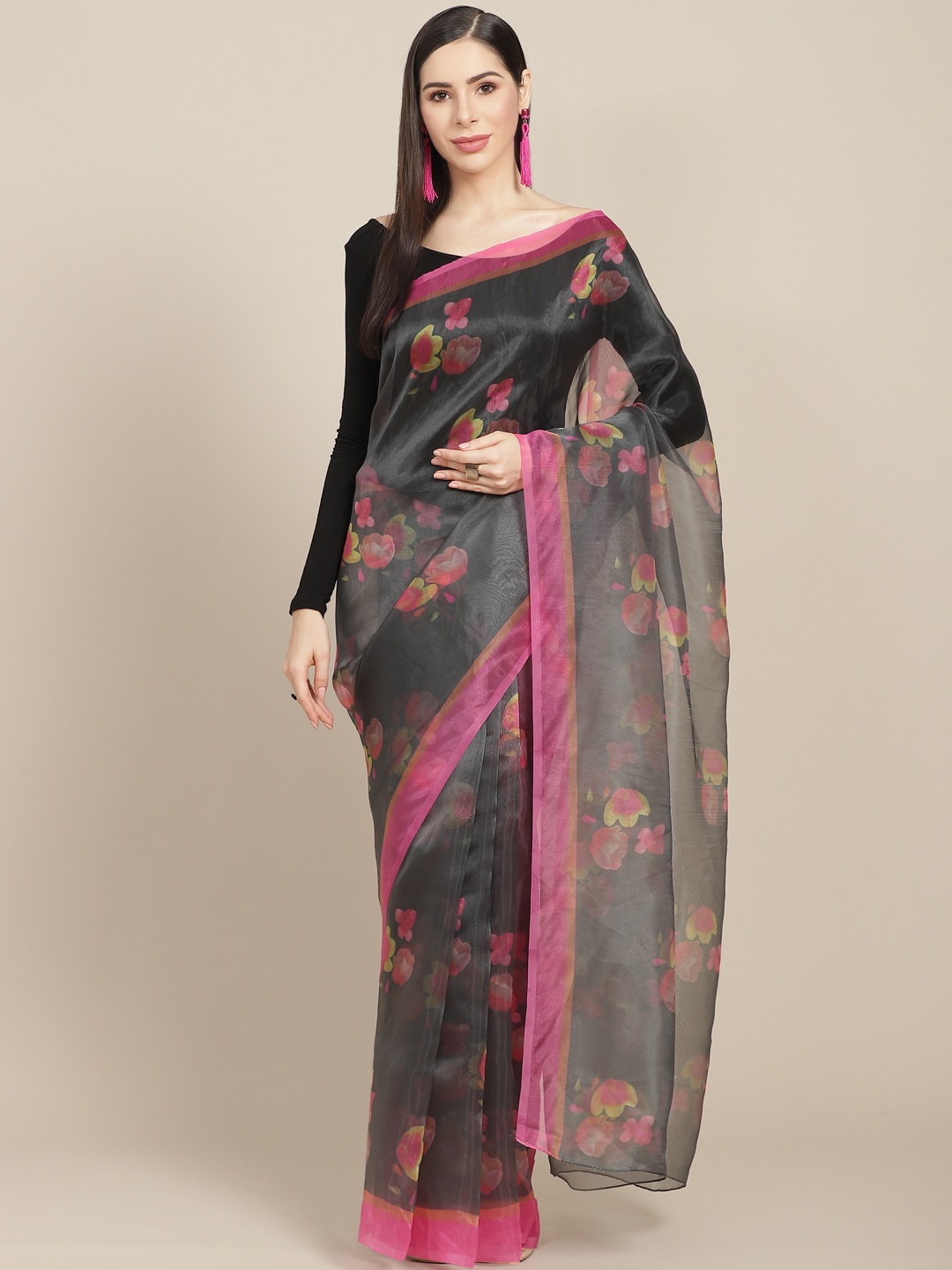 

Anouk Charcoal Grey & Pink Floral Celebrity Organza Saree