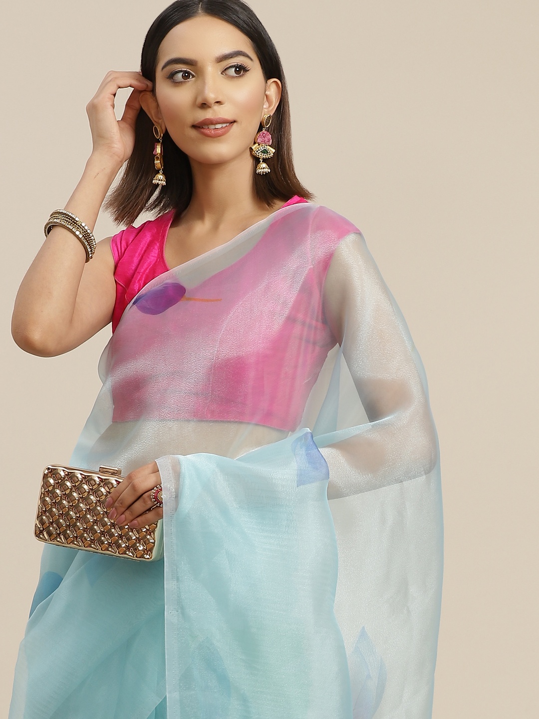 

Anouk Blue & Pink Floral Organza Saree