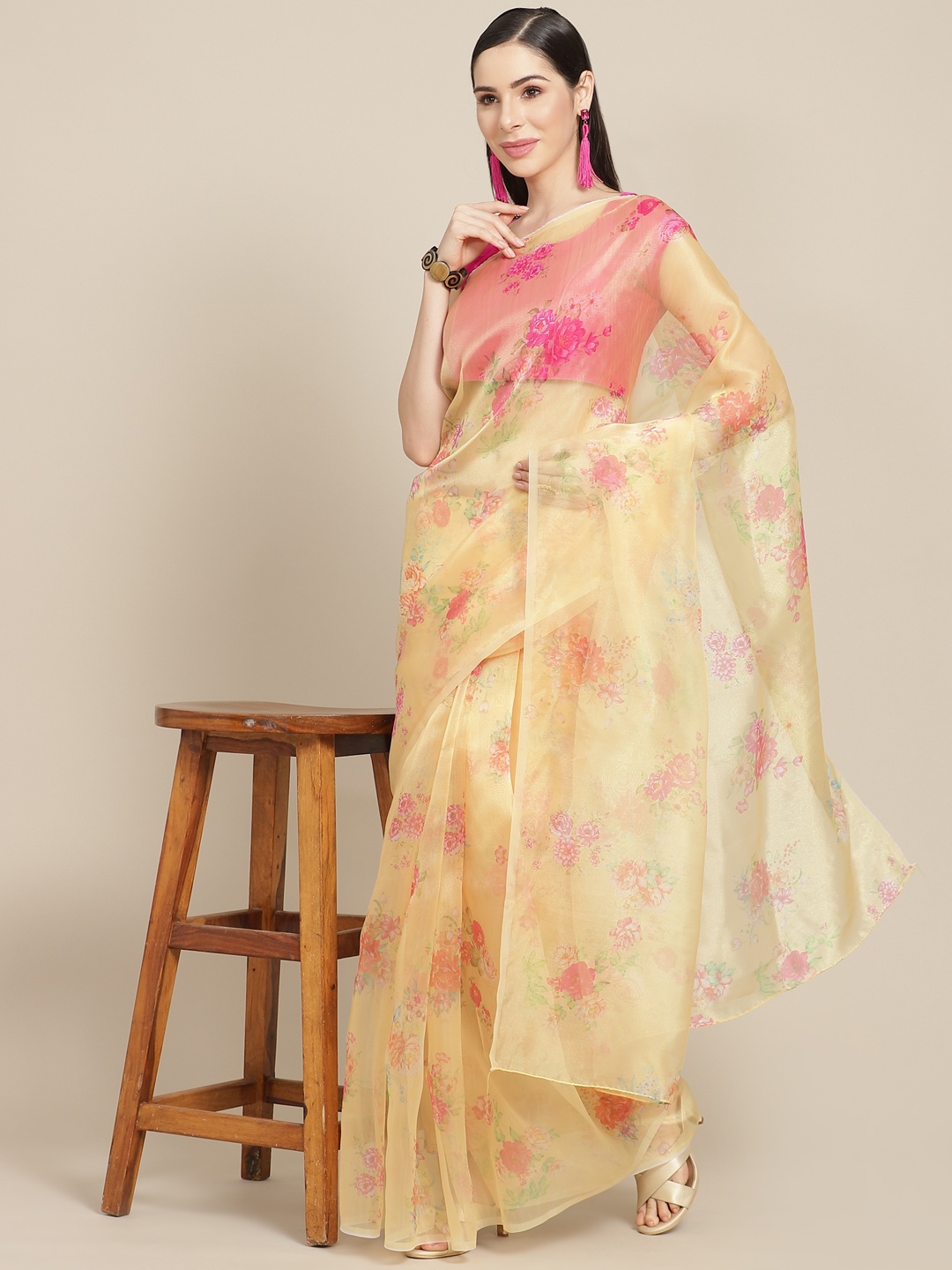 

Anouk Yellow & Pink Floral Organza Saree