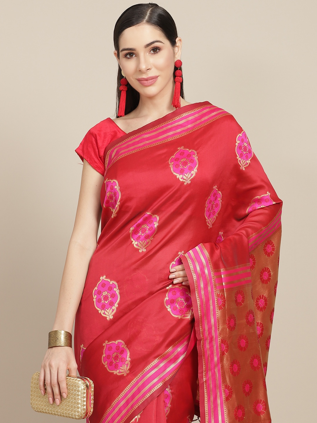 

Anouk Red & Pink Ethnic Motifs Woven Design Banarasi Saree