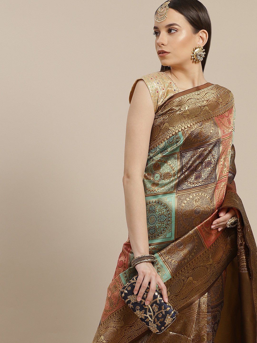 

Anouk Brown & Green Ethnic Motifs Woven Design Banarasi Saree
