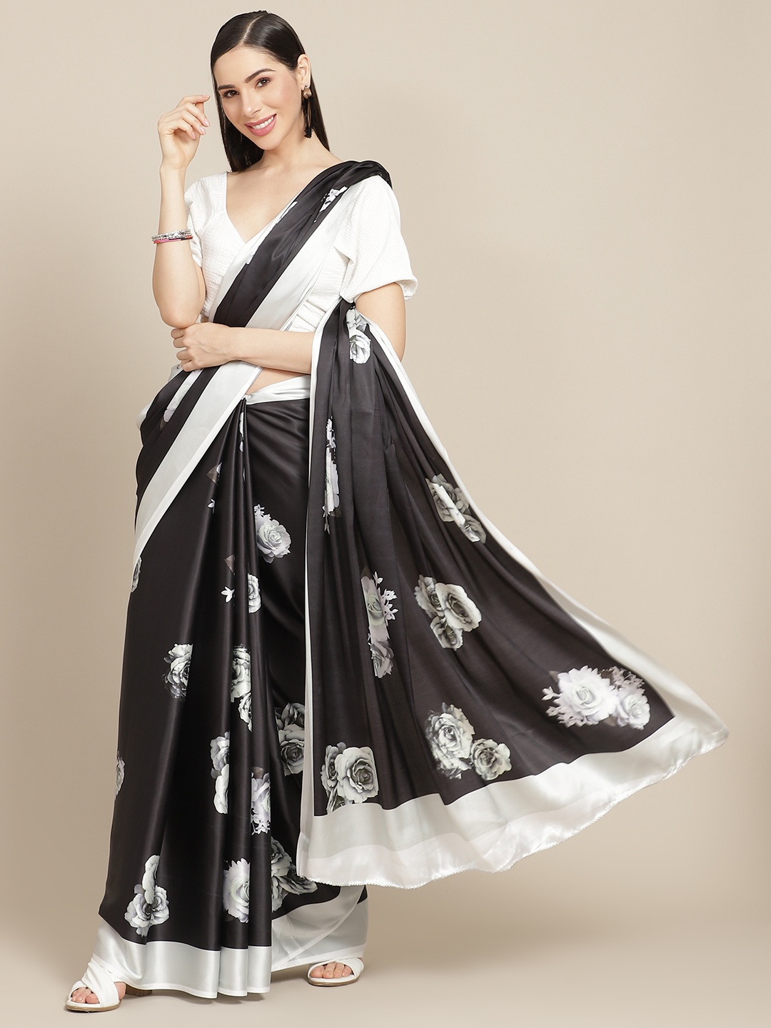

Anouk Black & White Satin Finish Floral Print Saree