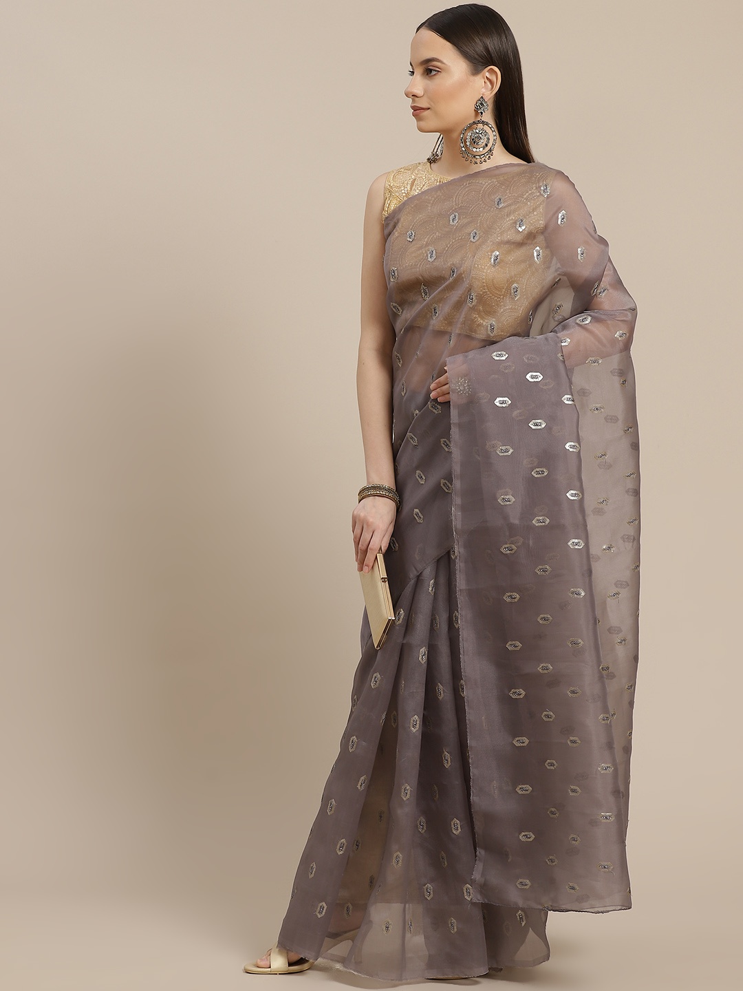 

Anouk Grey & Golden Embellished Organza Saree