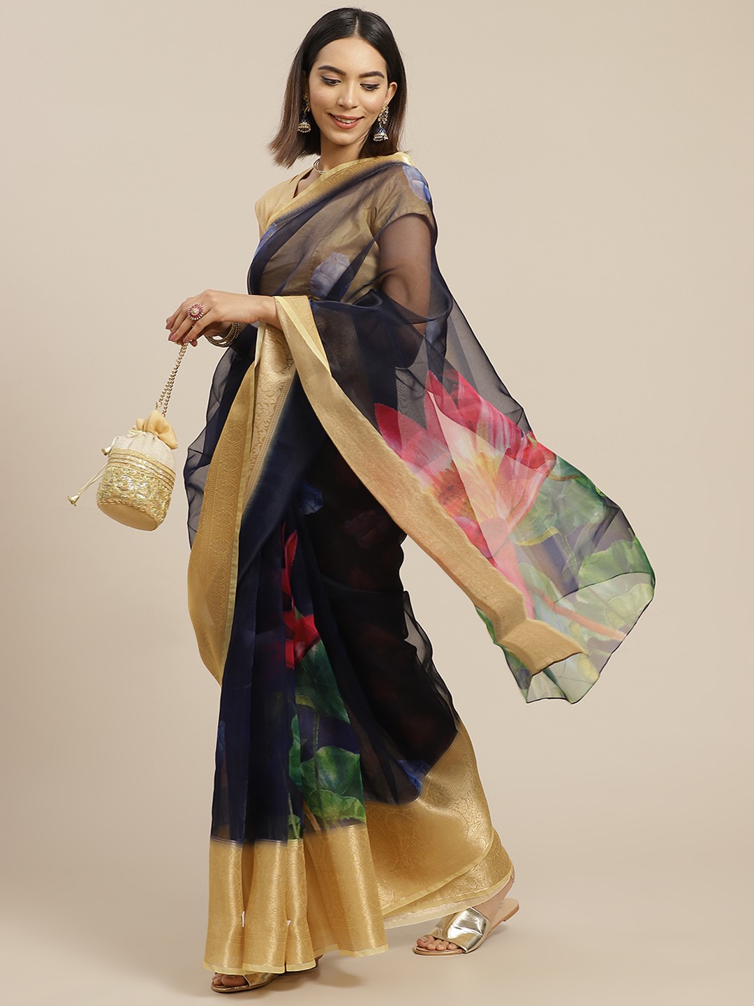 

Anouk Navy Blue & Pink Floral Organza Saree
