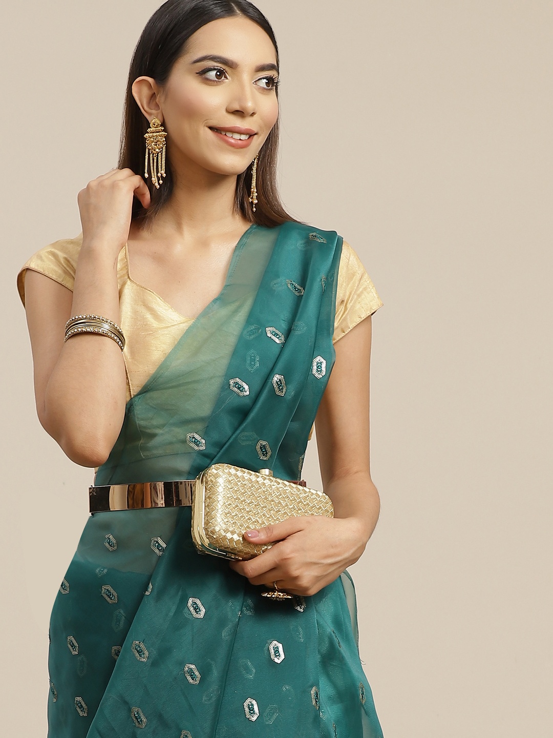 

Anouk Teal Green & Silver Sequinned Organza Saree