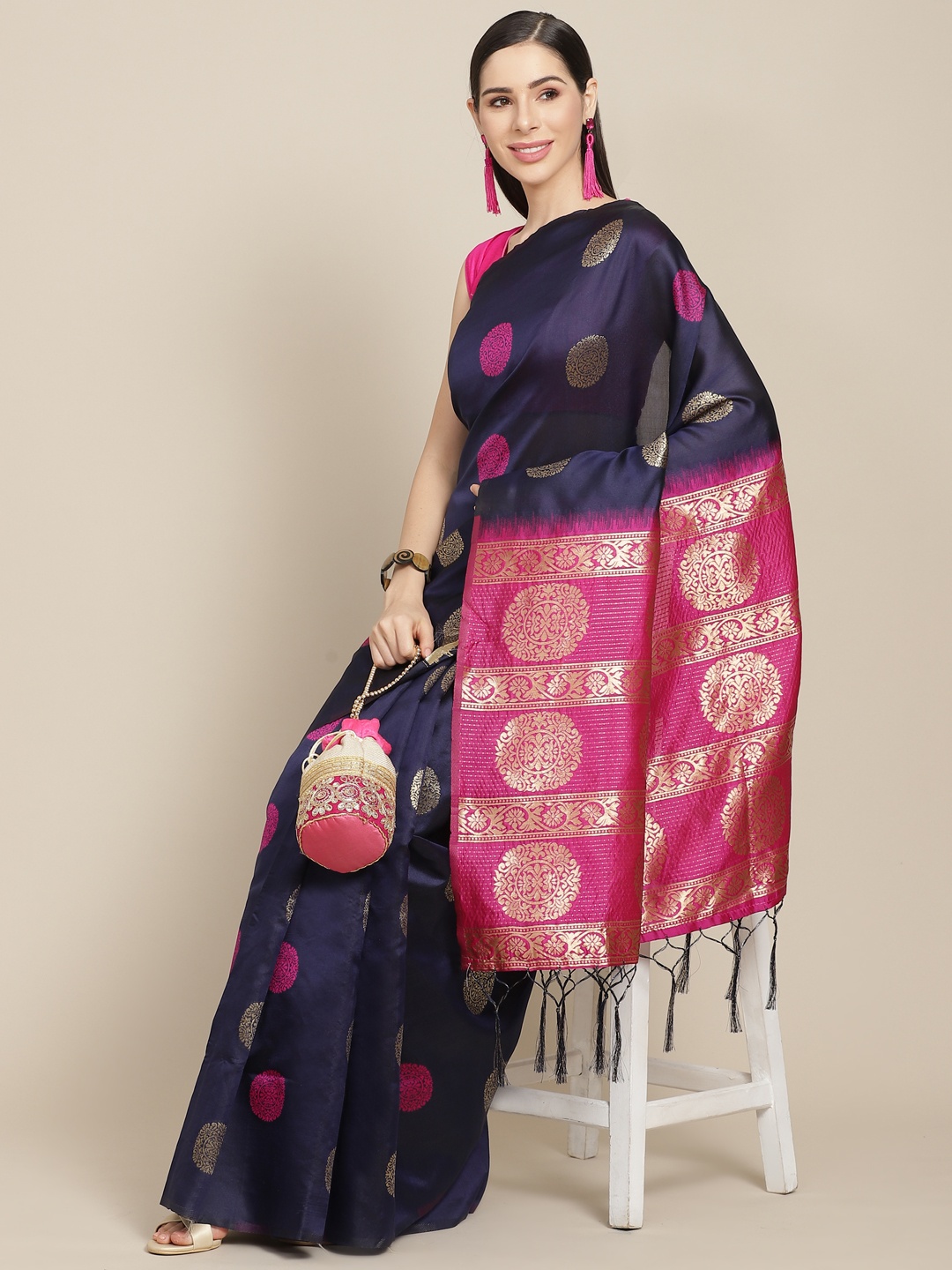 

Anouk Navy Blue & Pink Ethnic Motifs Art Silk Celebrity Banarasi Saree