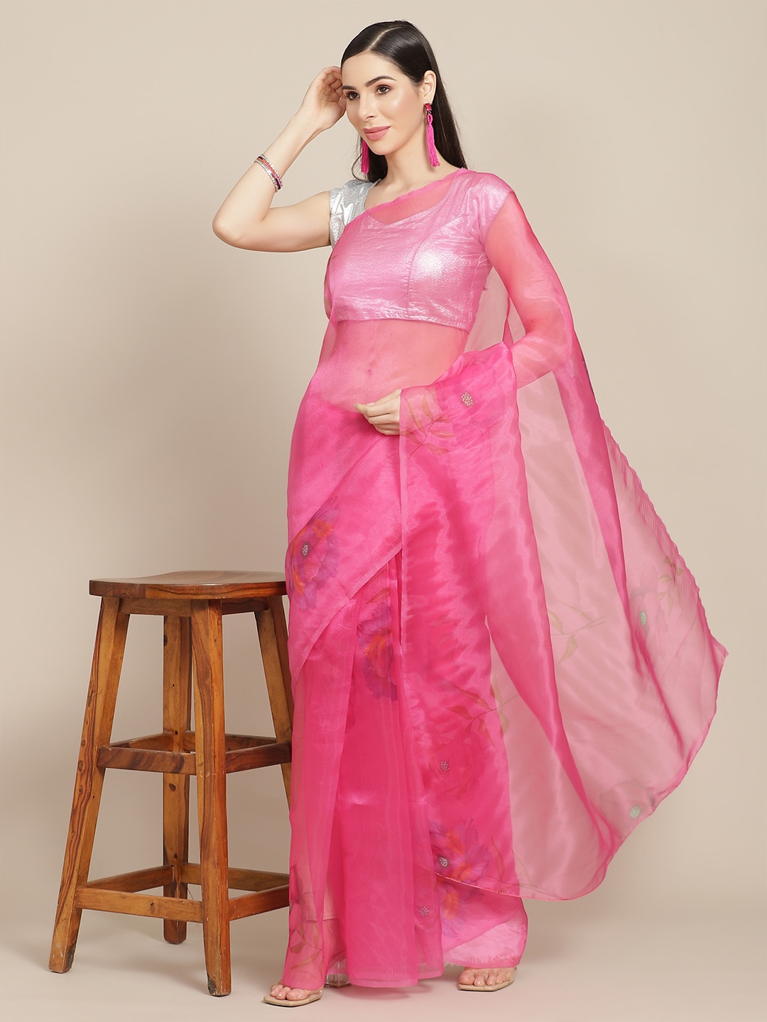 

Anouk Pink & Silver Floral Organza Saree
