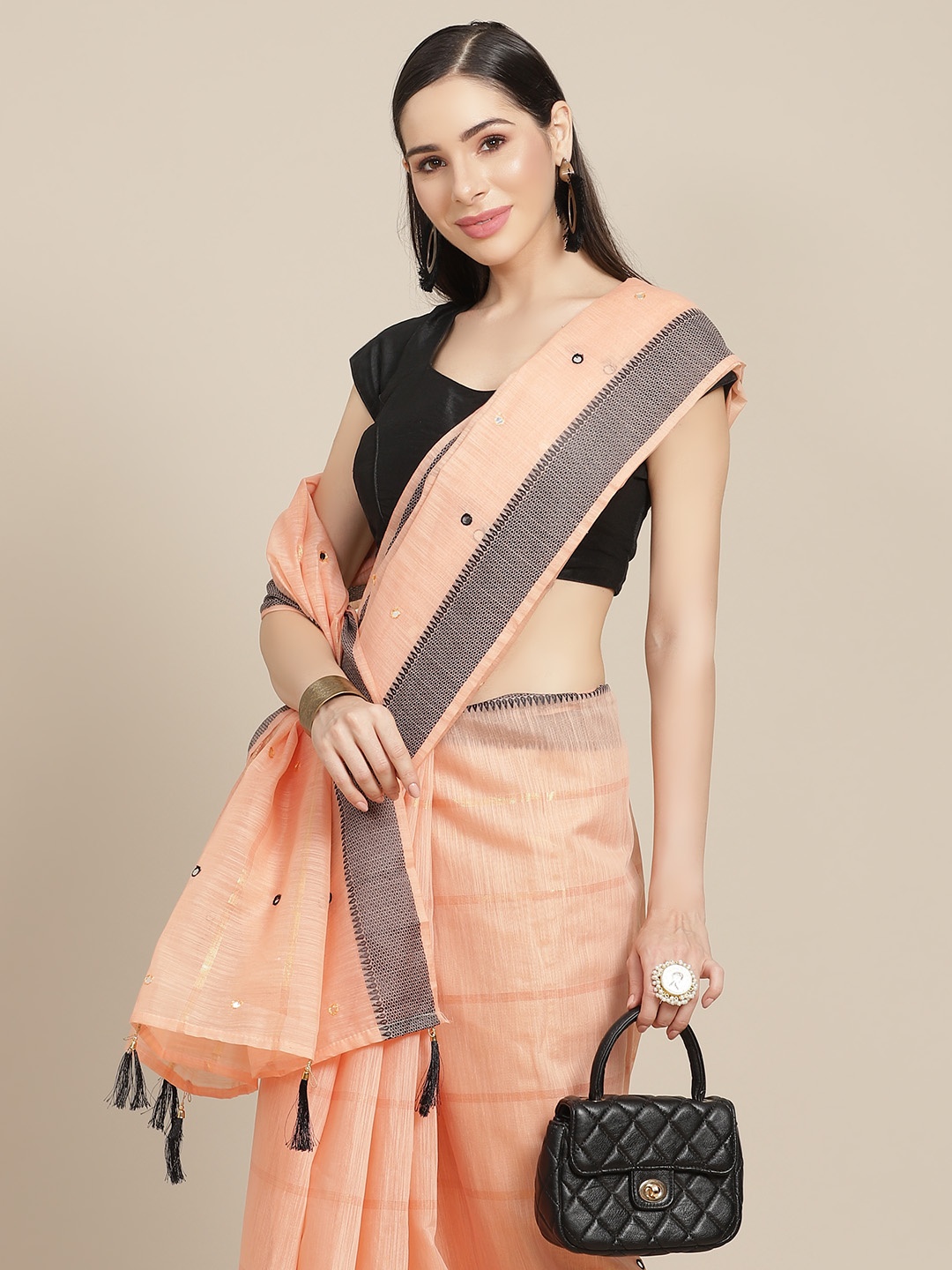 

Anouk Peach & Black Embroidered Chanderi Saree