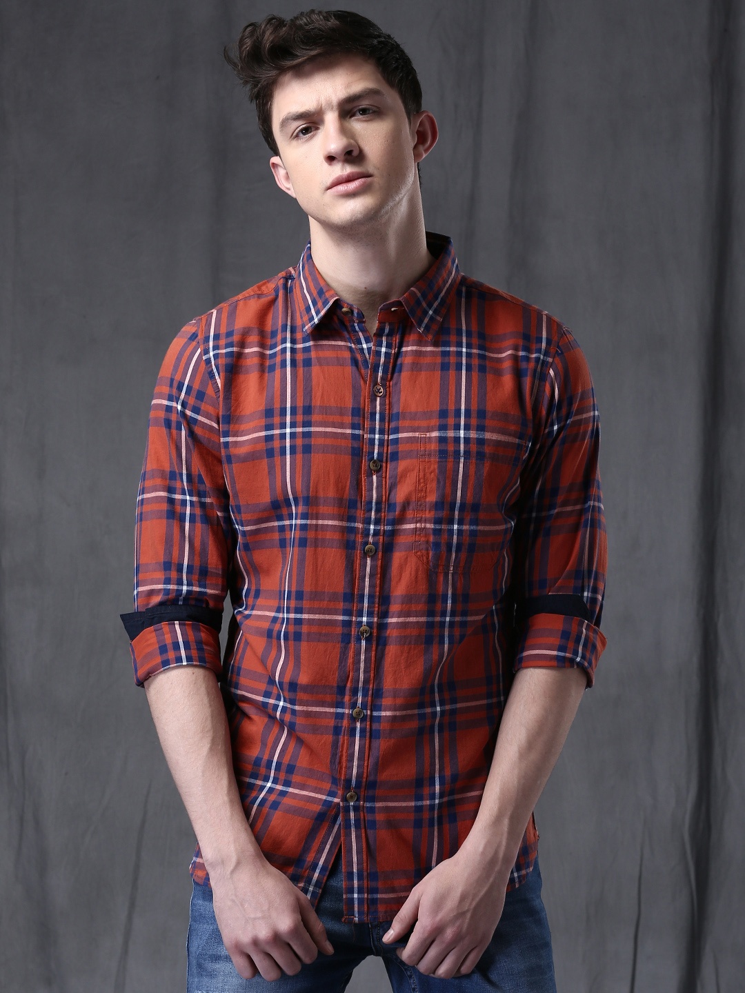 

WROGN Men Rust Orange Checked Slim Casual Shirt