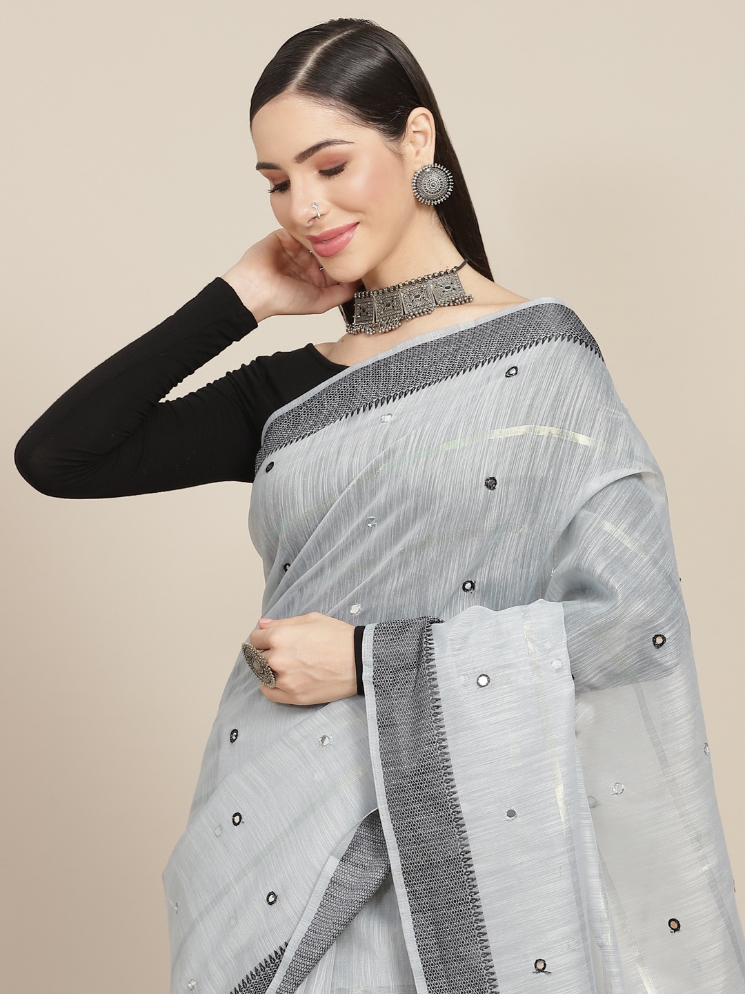 

Anouk Grey & Black Striped Mirror Work Chanderi Saree