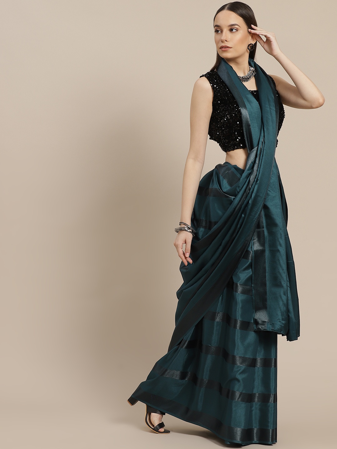 

Anouk Teal Blue & Black Striped Saree, Green