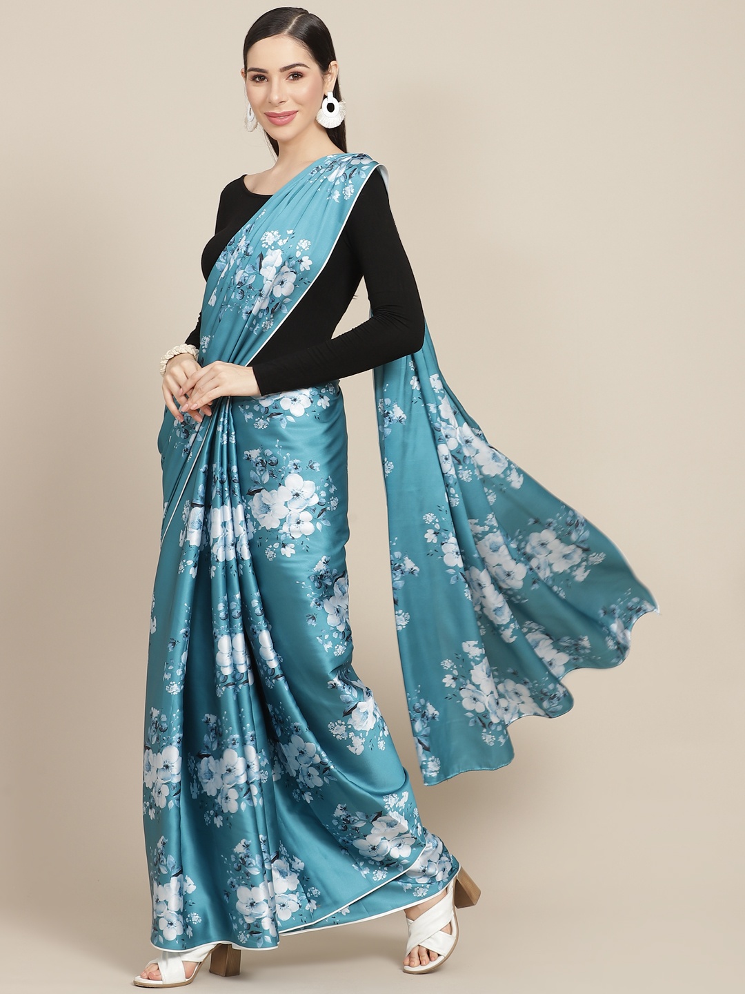 

Anouk Teal Blue & Black Floral Printed Satin Saree