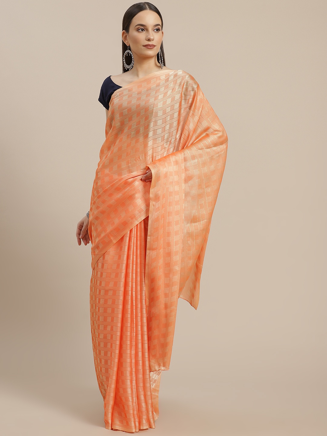 

Anouk Orange & Blue Checked Embroidered Saree