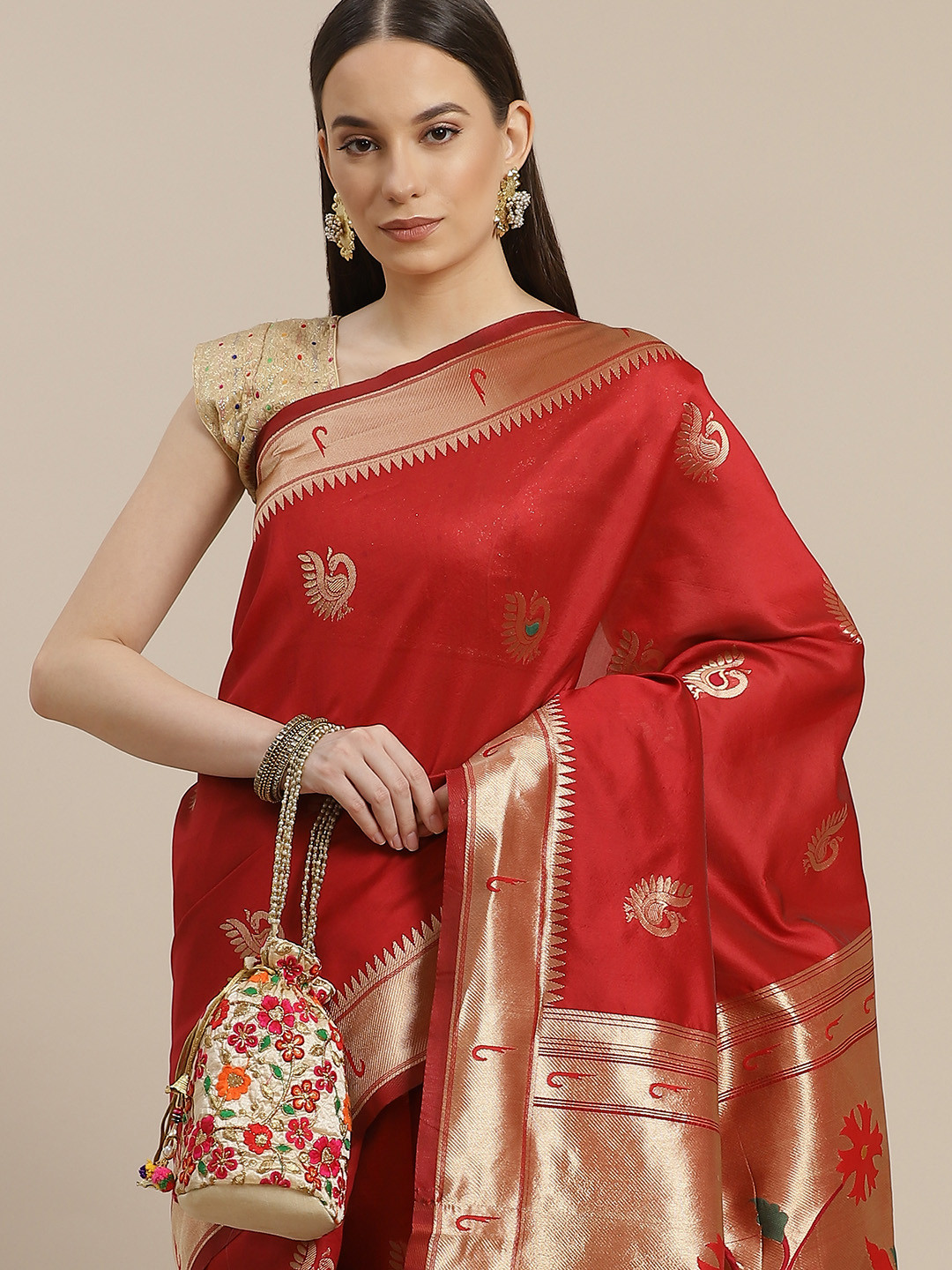 

Anouk Red Ethnic Motifs Woven Design Banarasi Saree