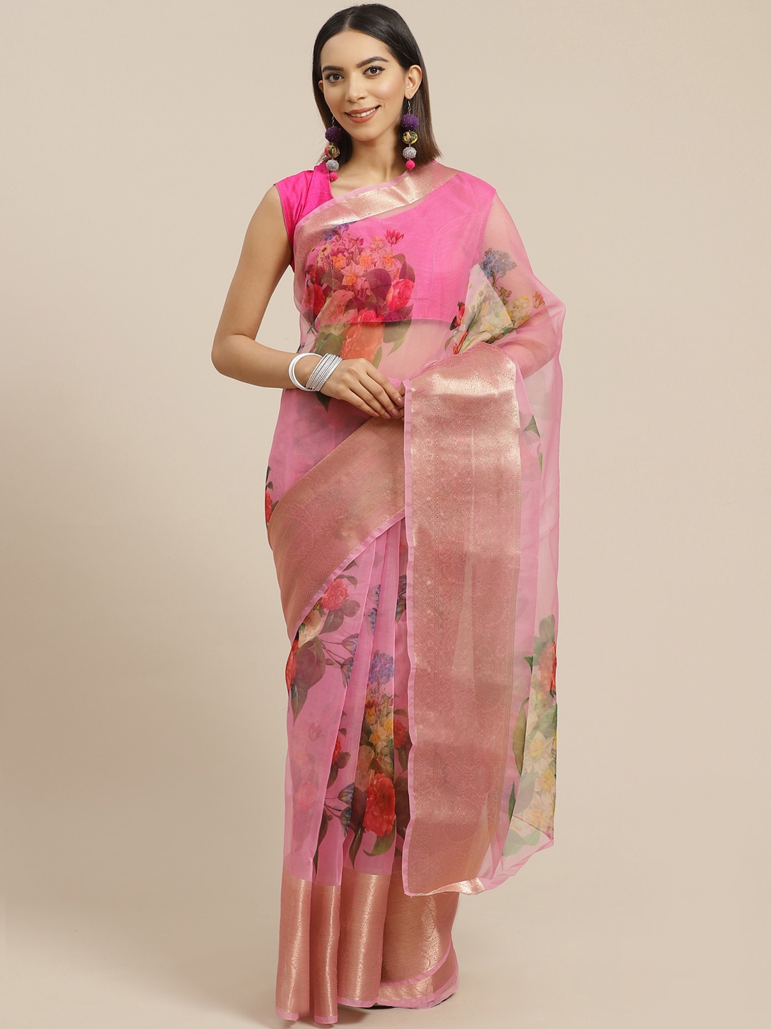 

Anouk Pink & Red Floral Print Organza Saree