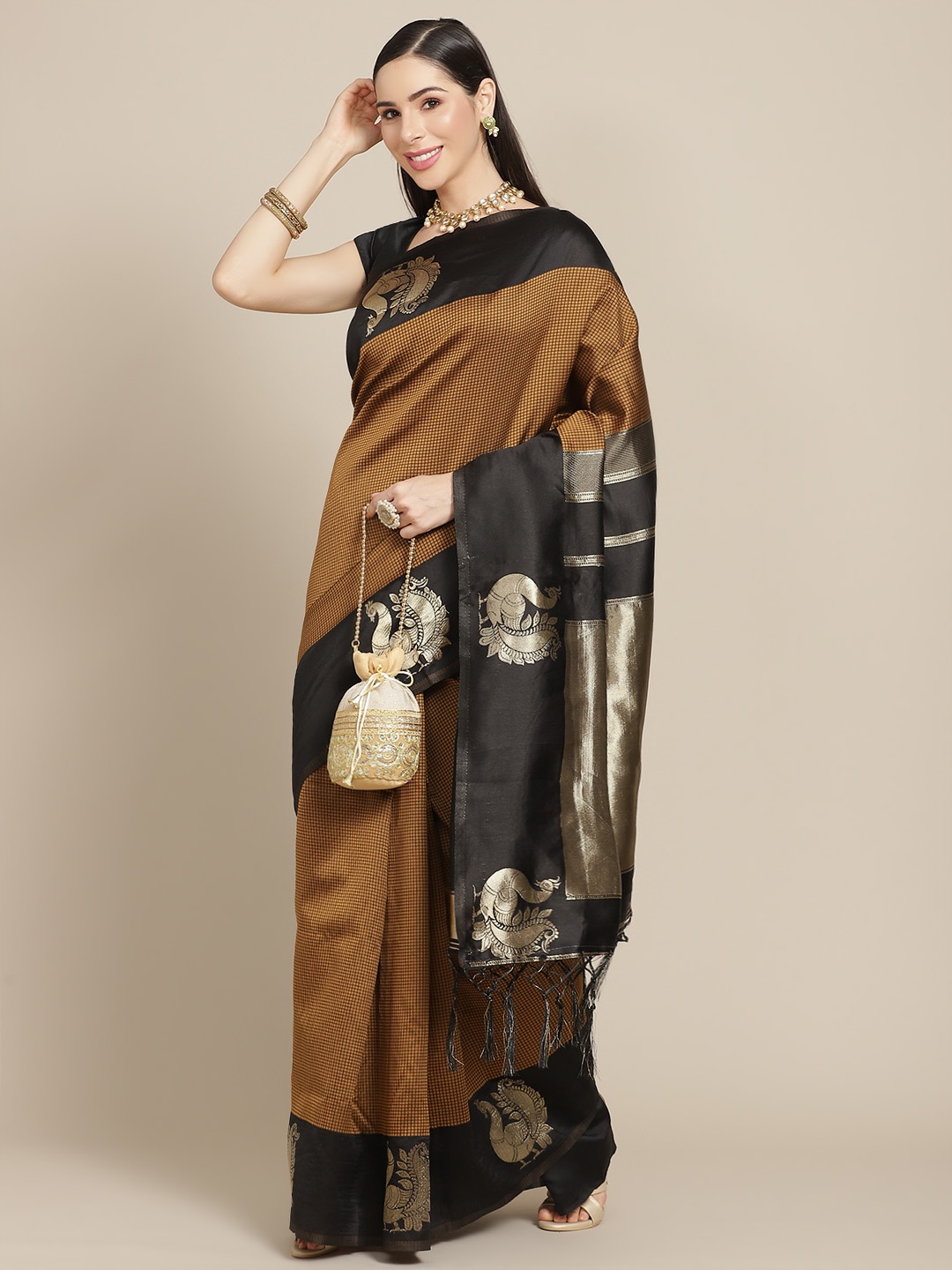 

Anouk Mustard Brown & Black Woven Design Checked Banarasi Saree