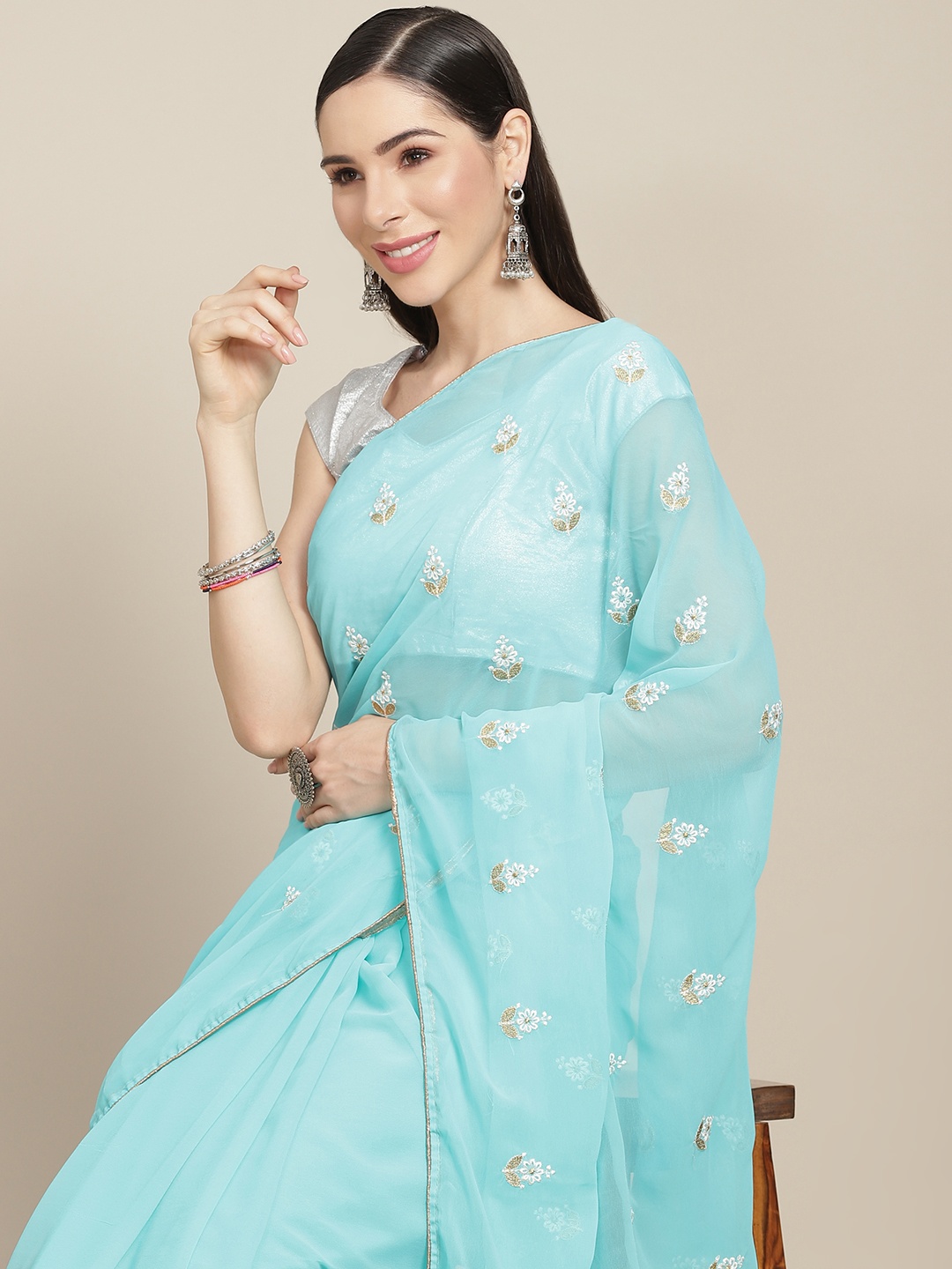 

Anouk Sea Green & White Ethnic Motifs Embroidered Saree