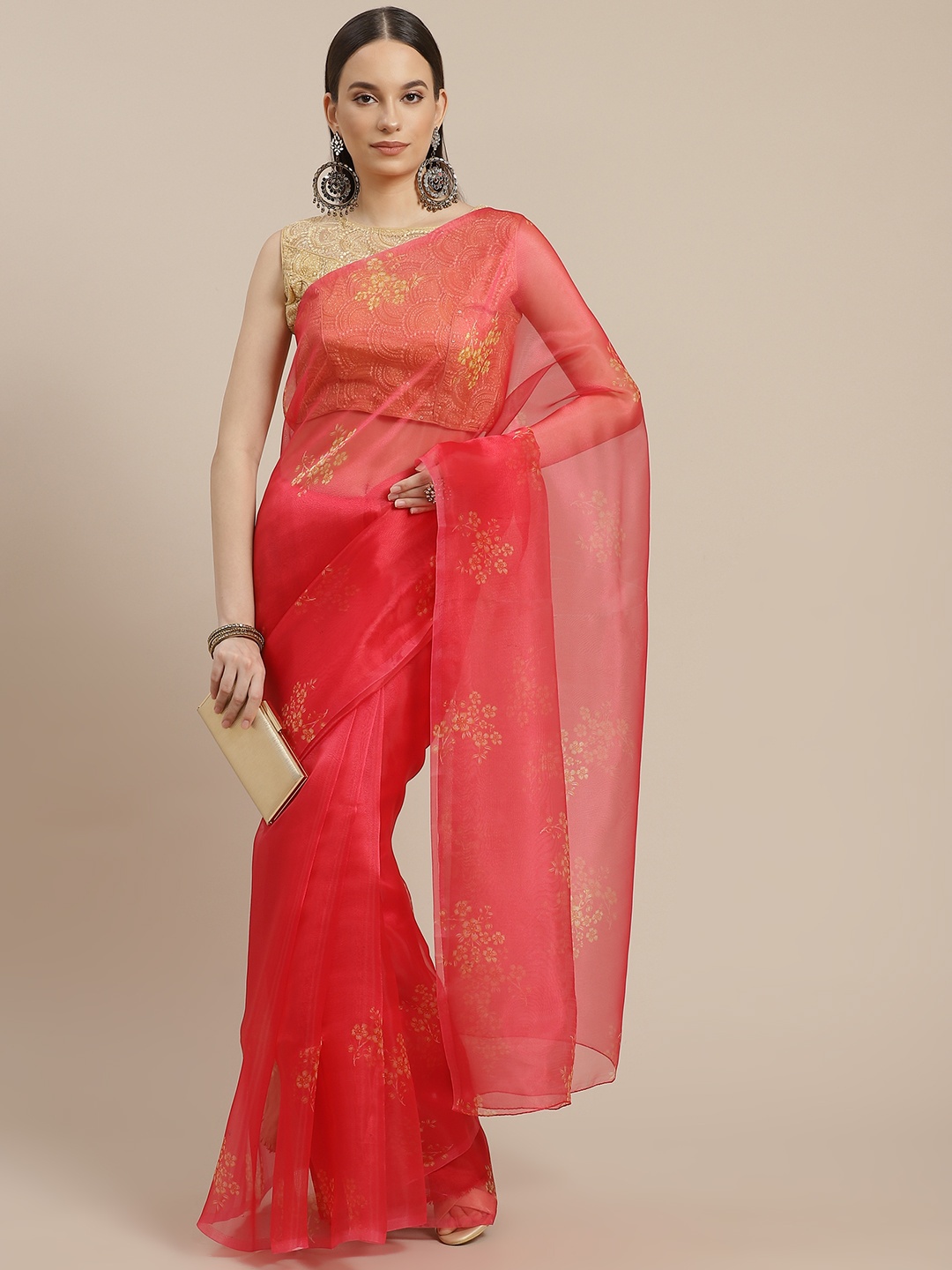 

Anouk Red & Yellow Floral Organza Celebrity Saree