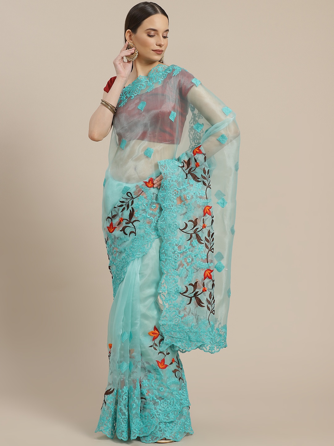 

Anouk Sea Green Floral Embroidered Organza Saree