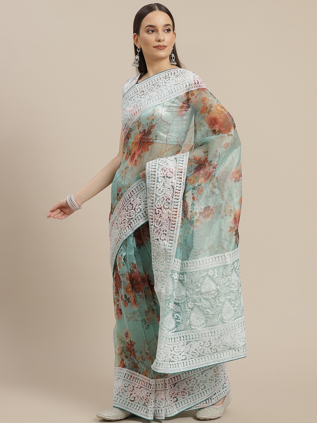 

Anouk Sea Green & Brown Floral Embroidered Celebrity Organza Saree