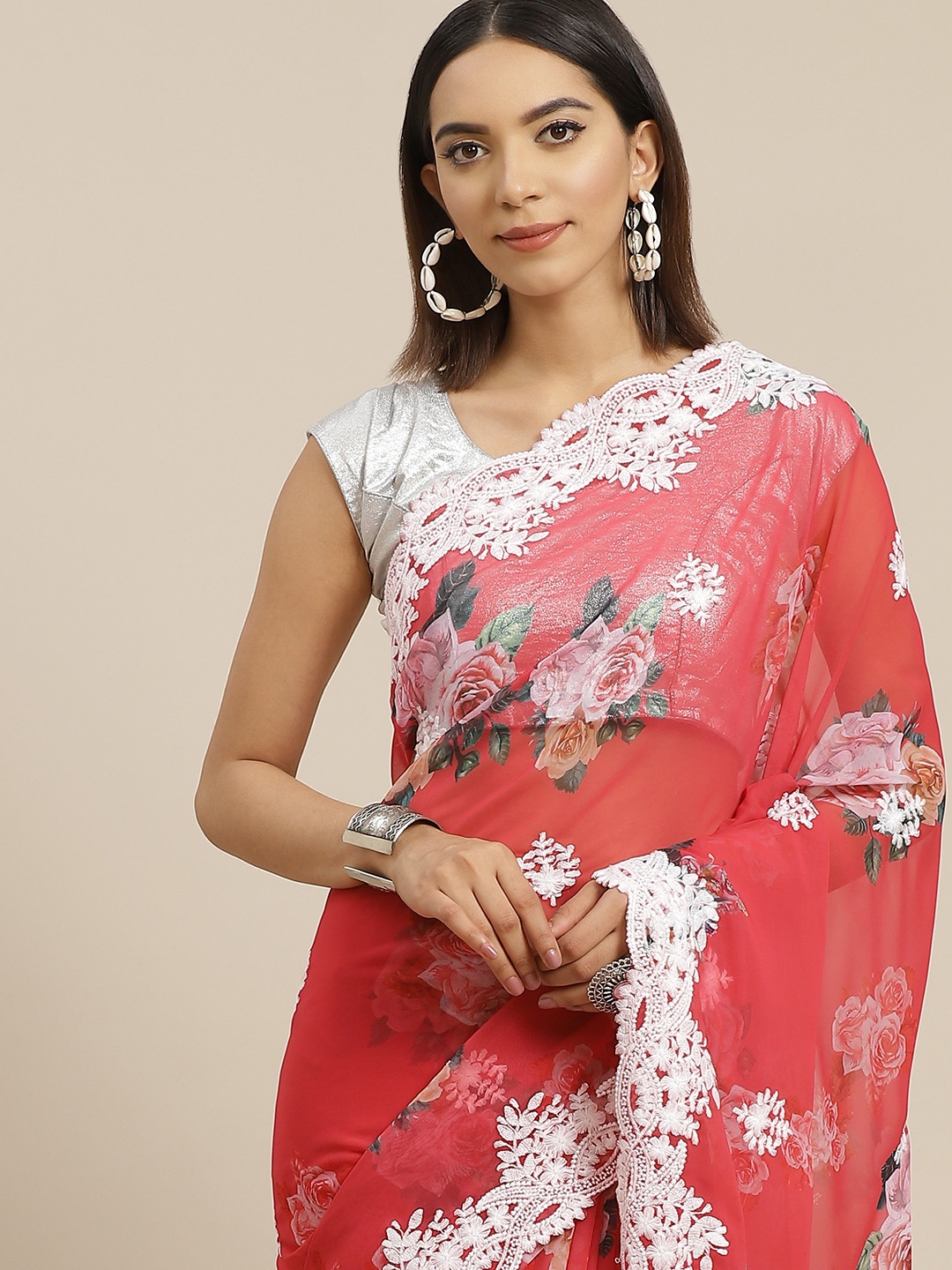 

Anouk Red & White Floral Embroidered Saree