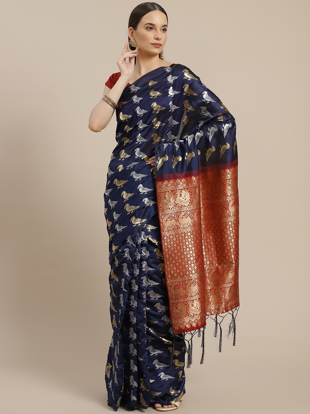 

Anouk Navy Blue & Golden Ethnic Motifs Art Silk Banarasi Saree