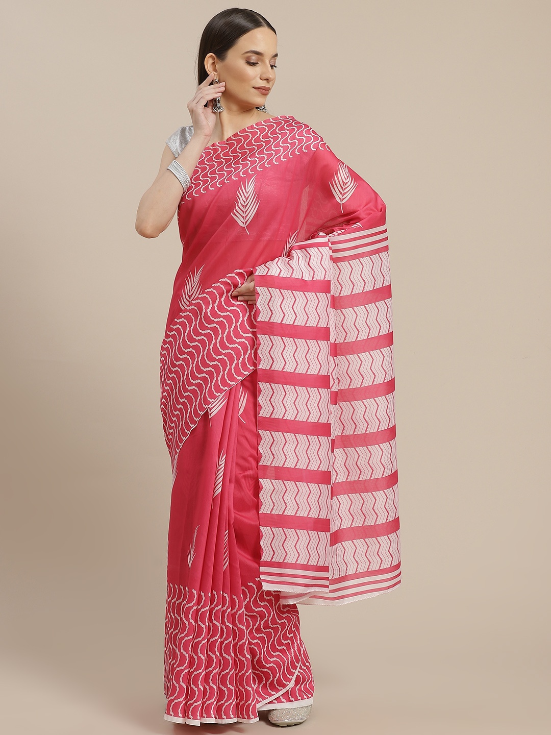 

Anouk Pink & Off White Ethnic Motifs Chanderi Saree