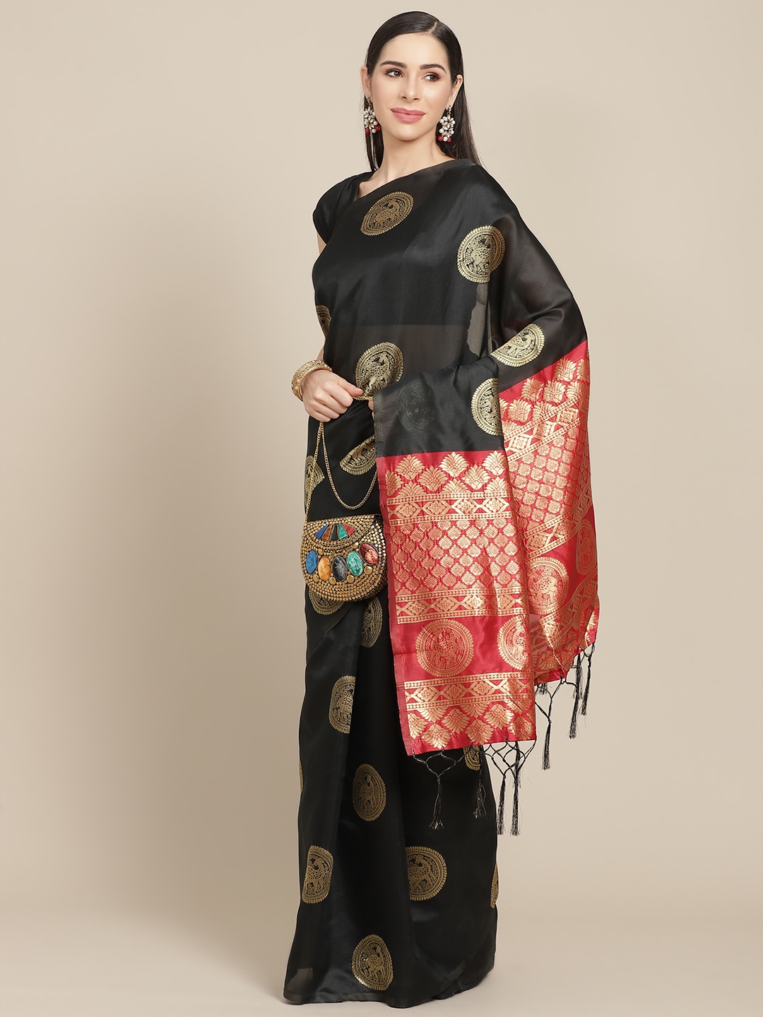 

Anouk Black & Gold-Toned Ethnic Motifs Art Silk Celebrity Banarasi Saree