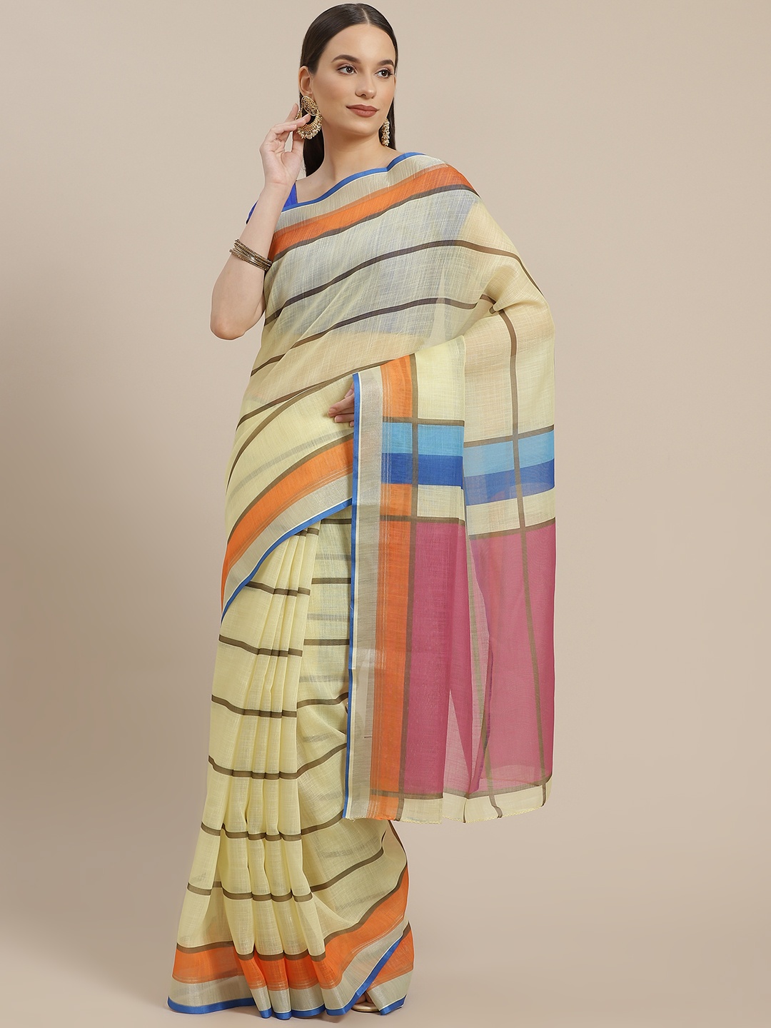 

Anouk Women Yellow & Navy Blue Striped Linen Blend Saree