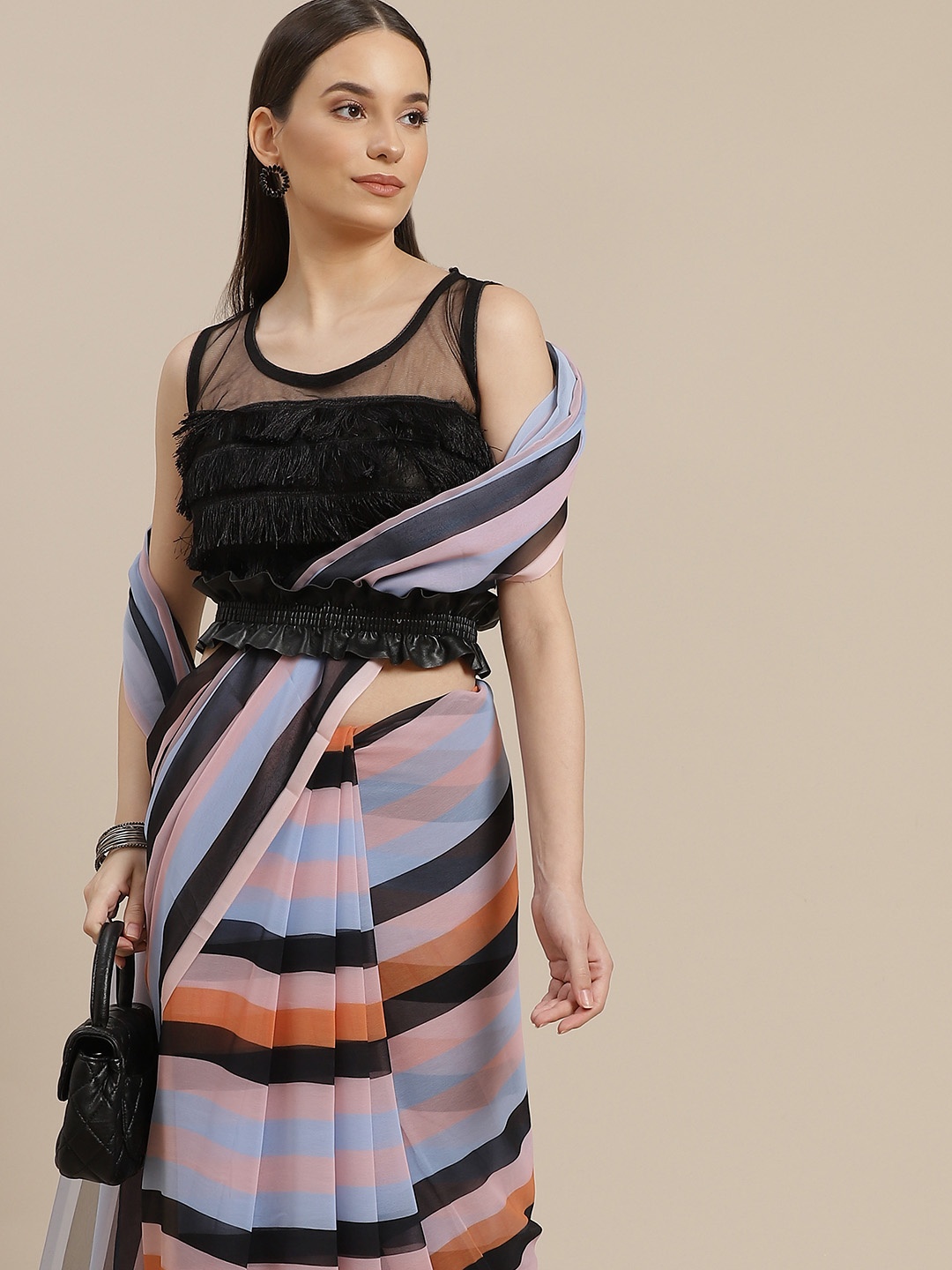 

Anouk Women Black & Pink Striped Saree