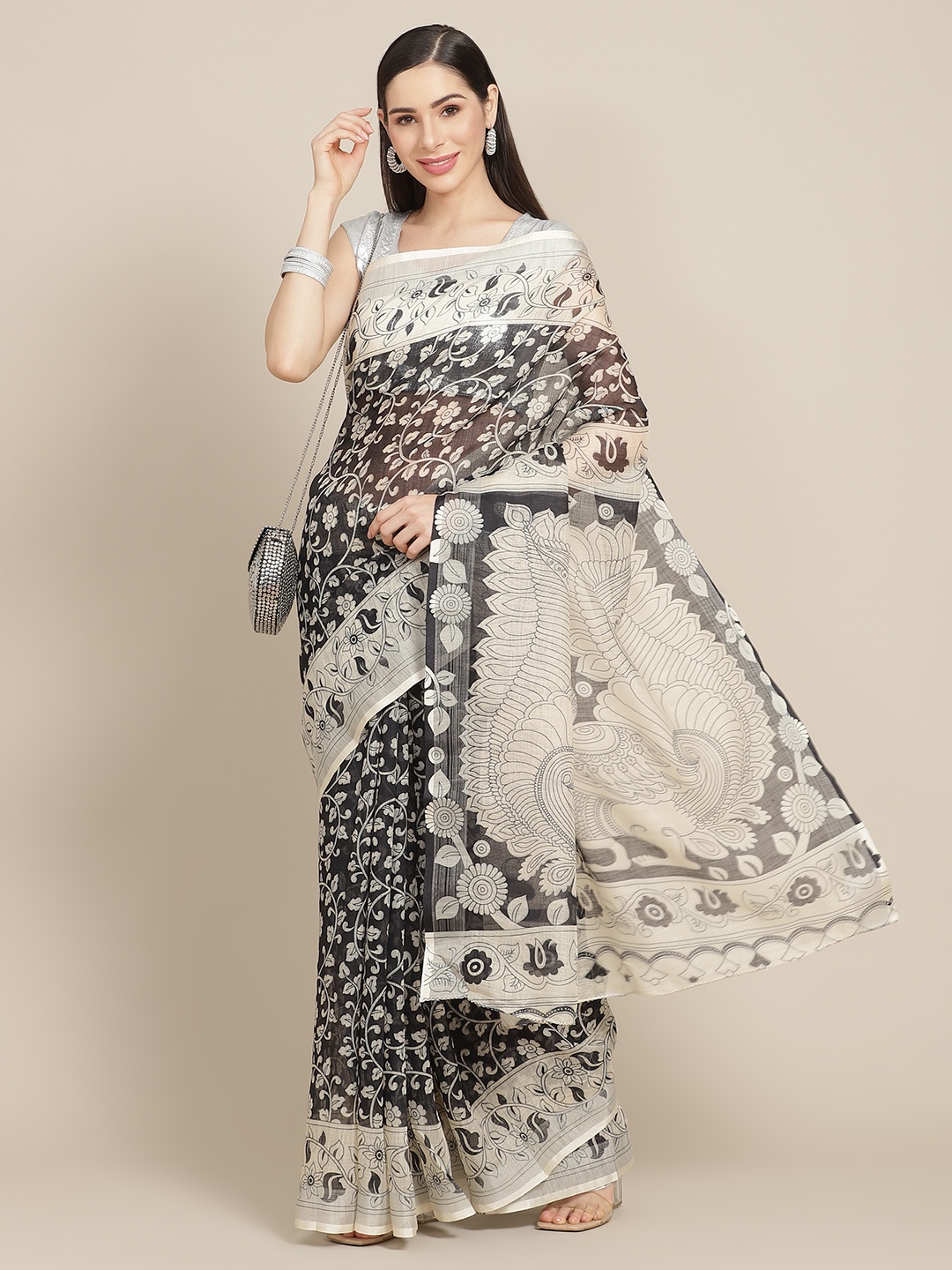 

Anouk Black & White Ethnic Motifs Linen Blend Celebrity Saree