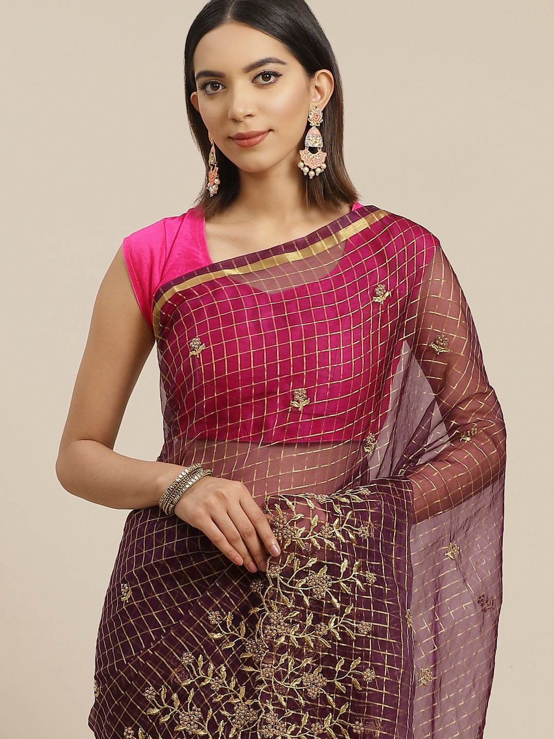 

Anouk Burgundy & Golden Checked Embroidered Organza Saree