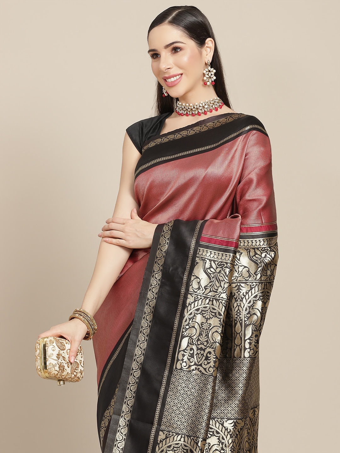 

Anouk Maroon & Black Striped Banarasi Saree