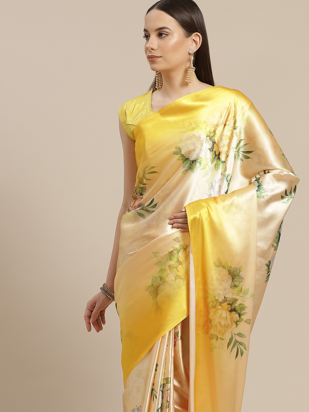 

Anouk Yellow & Green Floral Print Satin Saree