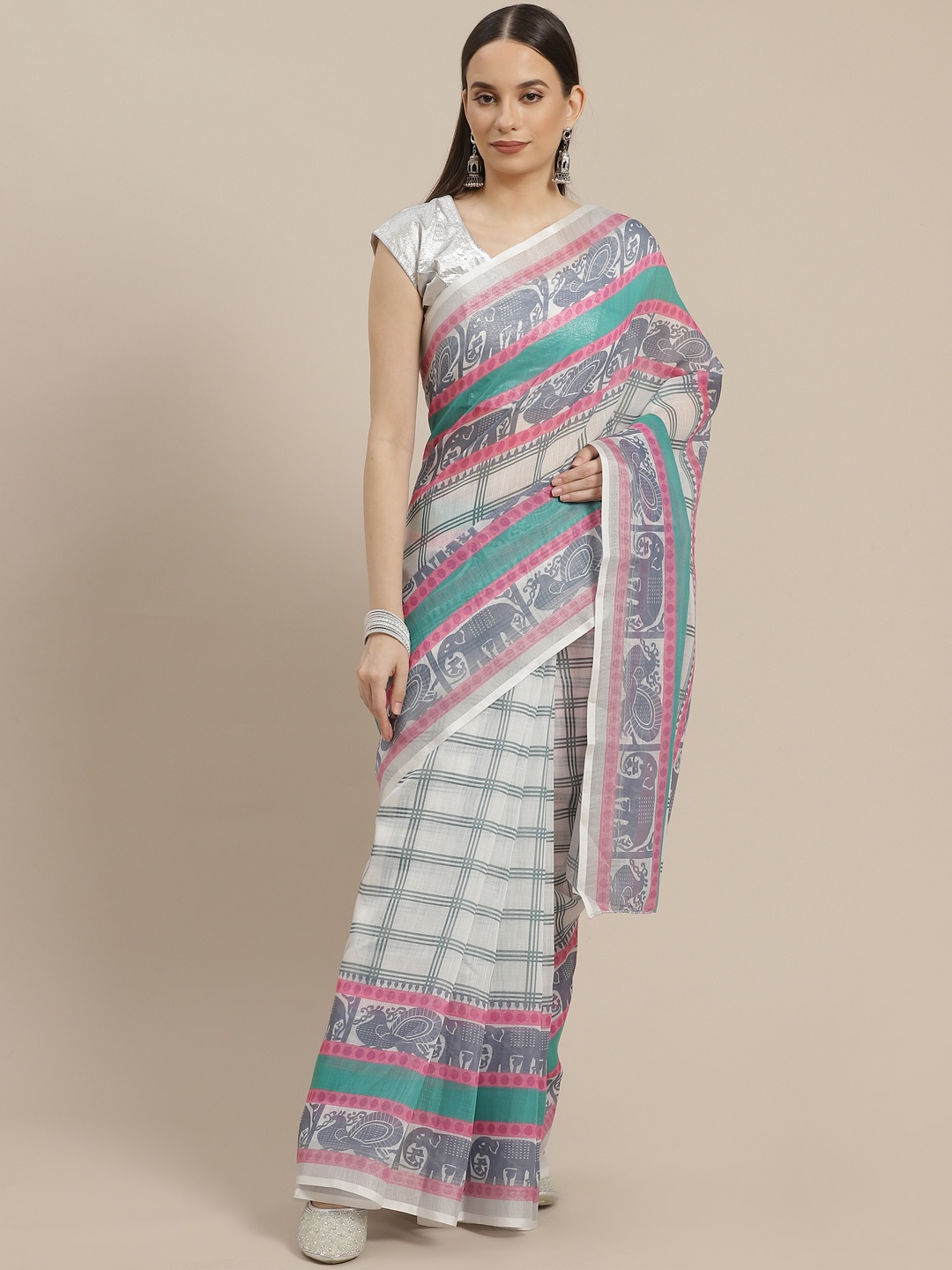 

Anouk White & Grey Checked Linen Blend Saree