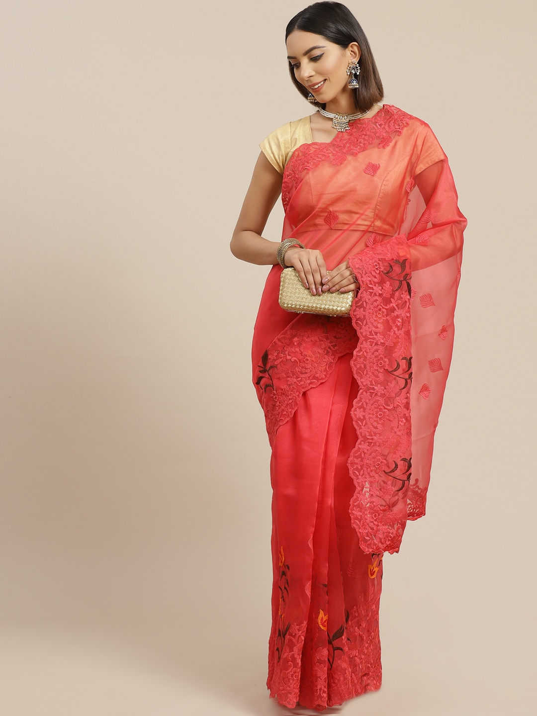 

Anouk Red Ethnic Motifs Embroidered Organza Saree