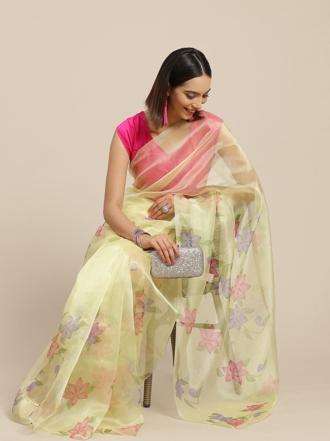 

Anouk Yellow & Pink Floral Celebrity Organza Saree