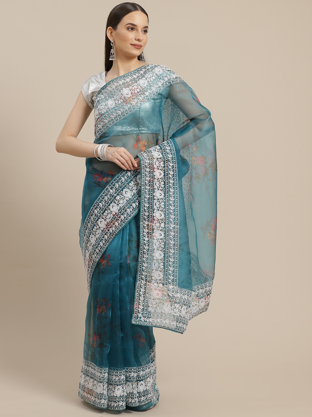 

Anouk Blue & White Floral Embroidered Organza Saree