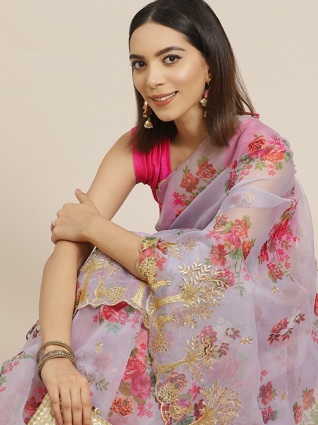 

Anouk Lavender & Red Floral Print Embroidered Organza Saree