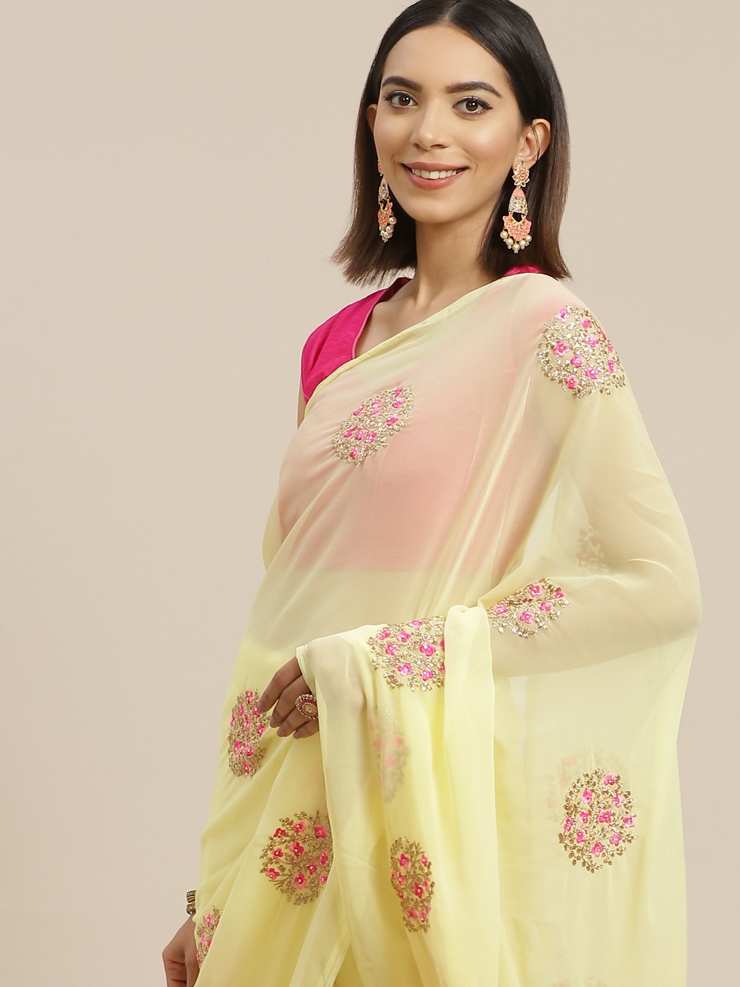 

Anouk Yellow & Pink Ethnic Motifs Embroidered Saree