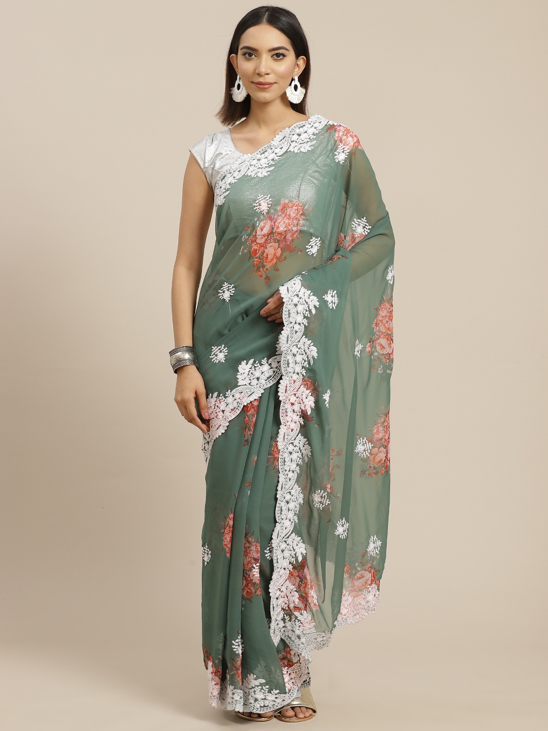 

Anouk Green & White Floral Embroidered Saree